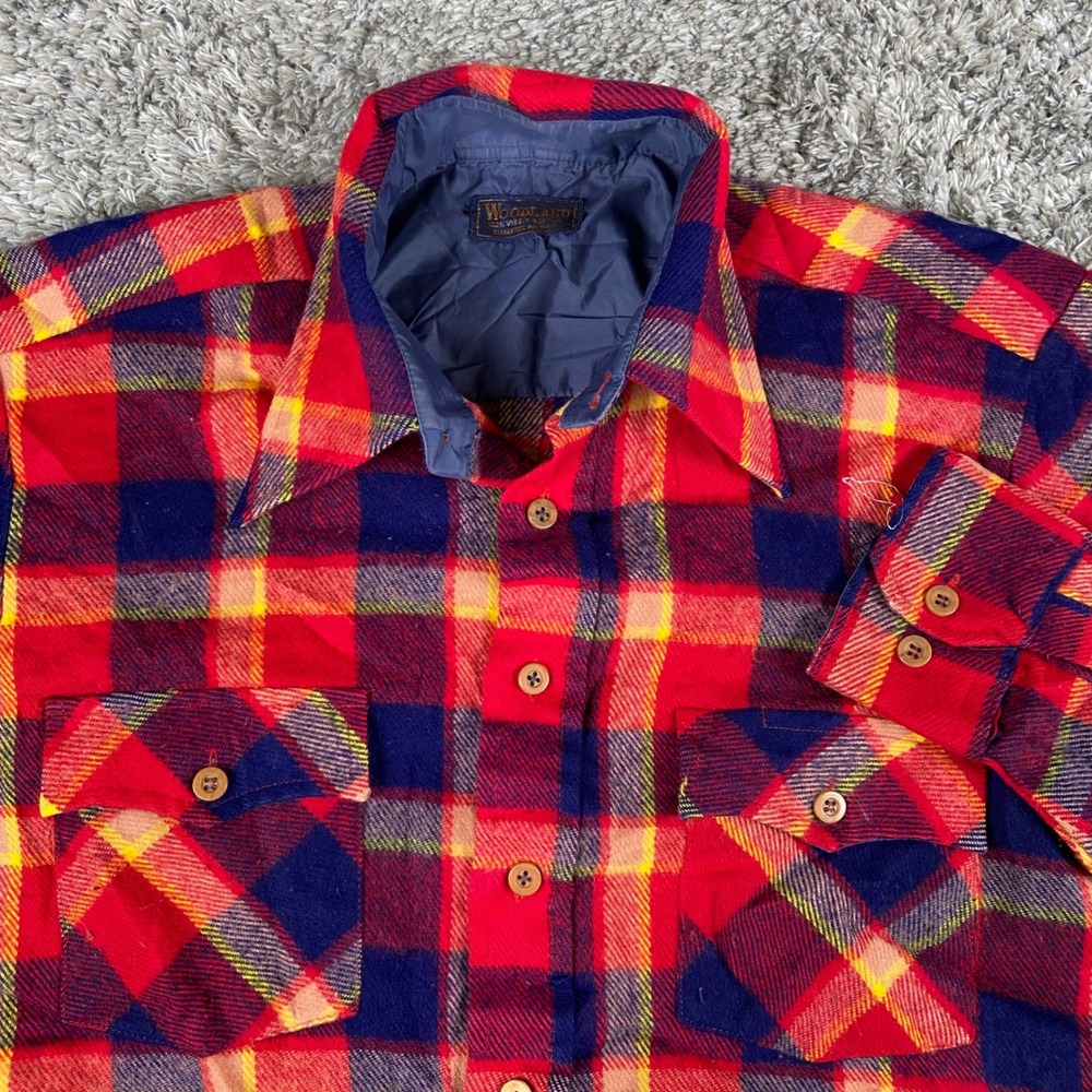 Vintage Woodland Flannel Shirt Mens L Red Blue Plaid Virgin Acrylic Workwear 70s